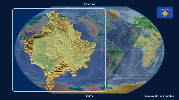 Увеличенный Вид Косовских Очертаний Перспективными Линиями Против Глобальной Карты Каврайской — стоковое фото