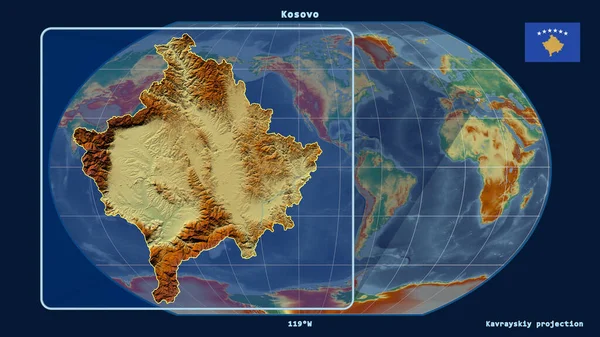 Vergrößerte Ansicht Des Kosovo Mit Perspektivischen Linien Gegen Eine Weltkarte — Stockfoto