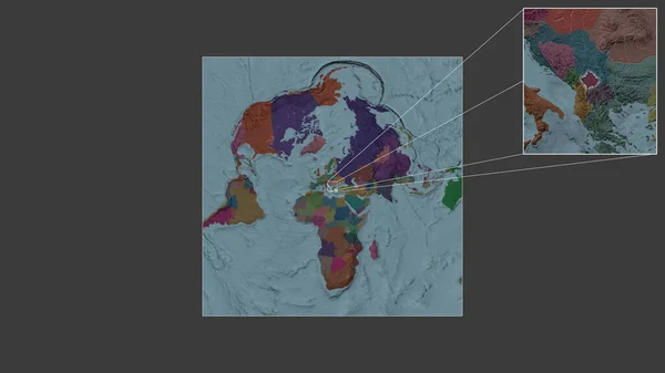 从世界大比例尺地图中提取出的科索沃扩大和扩大的地区 其主要界线连接了框架的各个角落 行政区划的彩色地图 — 图库照片