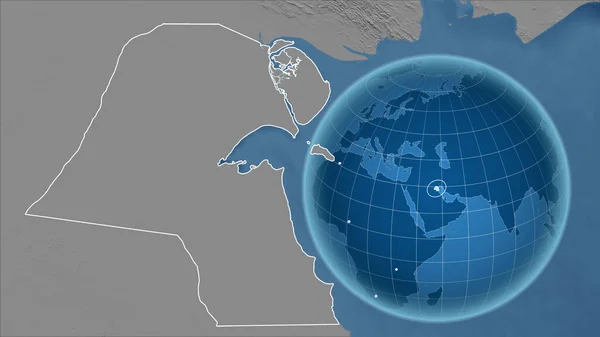 クウェート アウトラインを持つ拡大地図に対して国の形を持つグローブ グレースケール標高図 — ストック写真