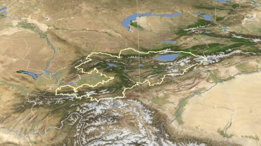 Kırgızistan ve mahallesi. Uzak eğimli perspektif - şekil çizilmiş. uydu resimleri