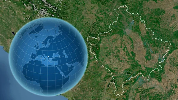 Kosowo Globus Kształcie Kraju Powiększoną Mapą Swoim Zarysem Obrazy Satelitarne — Zdjęcie stockowe