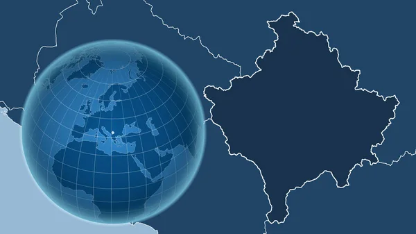 Косово Глобус Формой Страны Против Увеличенной Карты Контуром Формы Маска — стоковое фото