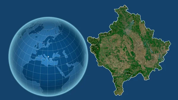 Kosowo Globus Kształcie Kraju Powiększonej Mapie Odizolowanym Zarysem Niebieskim Tle — Zdjęcie stockowe