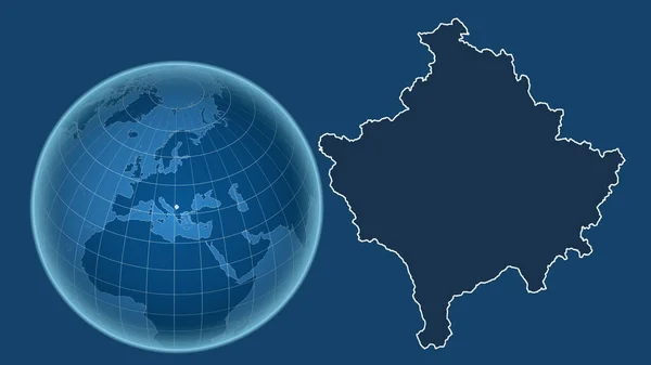 Косово Глобус Формой Страны Фоне Увеличенной Карты Контуром Выделенным Синем — стоковое фото