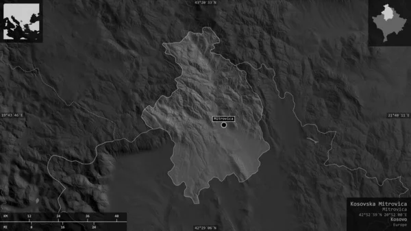 Kosovska Mitrovica Distrito Kosovo Mapa Escala Grises Con Lagos Ríos — Foto de Stock