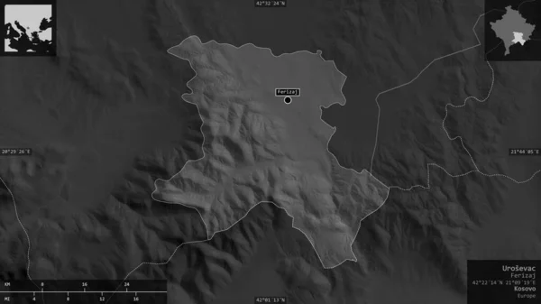 Urosevac Distrito Kosovo Mapa Tons Cinza Com Lagos Rios Forma — Fotografia de Stock