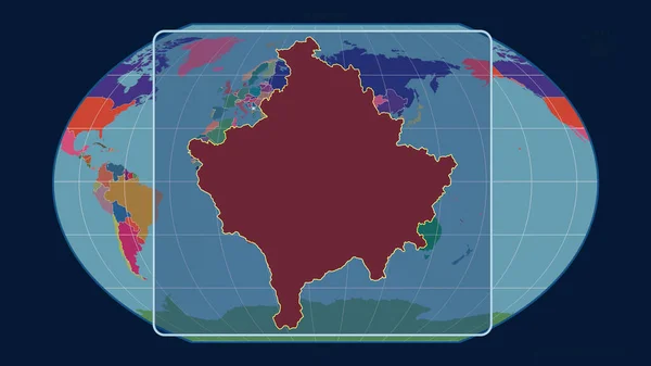 コソボのアウトラインを視野に入れ 世界地図に対する視点線をカヴァライスキー投影で拡大した 形を中心に 行政区画のカラーマップ — ストック写真