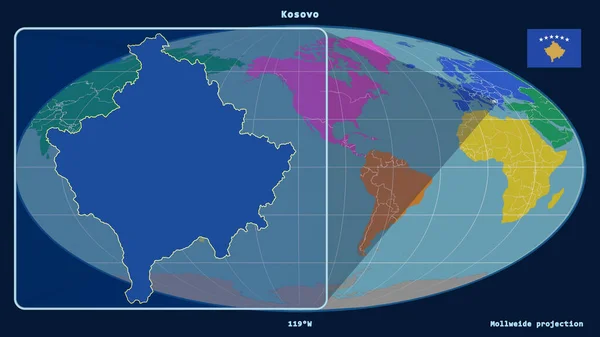 Zoomed View Kosovo Outline Perspective Lines Global Map Mollweide Projection — Stock Photo, Image