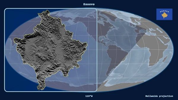 Vista Ampliada Kosovo Contornos Com Linhas Perspectiva Contra Mapa Global — Fotografia de Stock