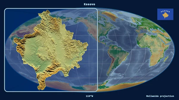 Vergrößerte Ansicht Des Kosovo Mit Perspektivischen Linien Gegen Eine Weltkarte — Stockfoto