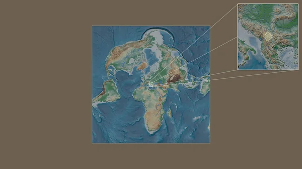 从世界大比例尺地图中提取出的科索沃扩大和扩大的地区 其主要界线连接了框架的各个角落 彩色物理图 — 图库照片