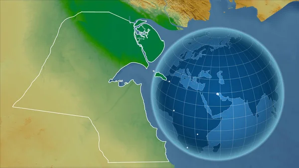 クウェート アウトラインを持つ拡大地図に対して国の形を持つグローブ 色物理図 — ストック写真