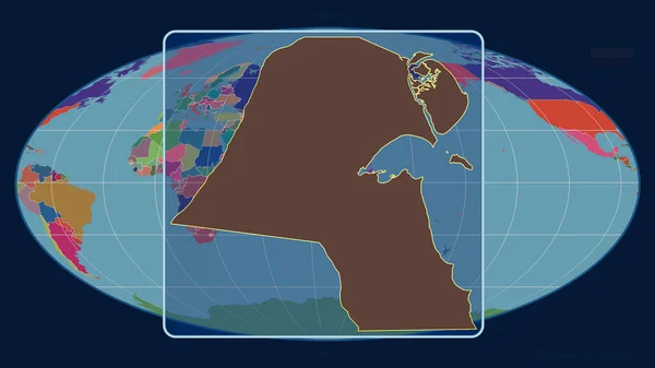 在Mollweide投影中 用透视线与全球地图对齐 将科威特的轮廓放大 形体中心 行政区划的彩色地图 — 图库照片