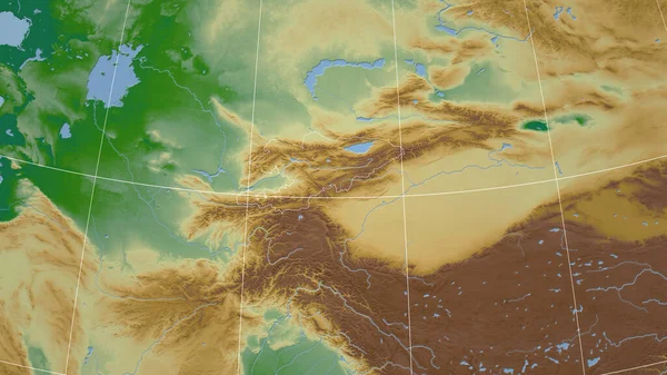 吉尔吉斯斯坦 邻里关系 遥远的远景与国家的轮廓 彩色物理图 — 图库照片