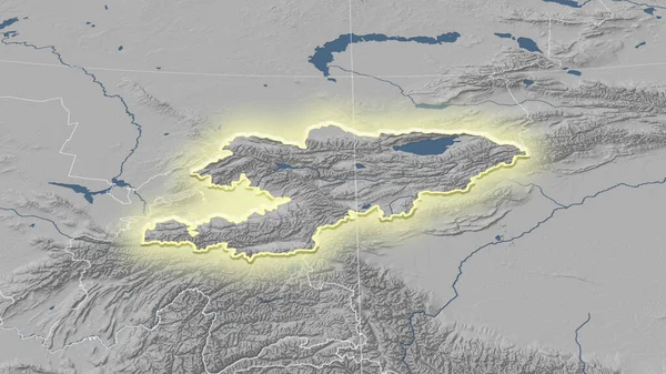 Kirgisistan Und Seine Nachbarschaft Distanzierte Schrägperspektive Form Glühte Graustufen Höhenkarte — Stockfoto