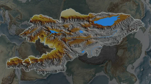 Kyrgyzstan Area Enlarged Glowed Darkened Background Its Surroundings Relief Map — Stock Photo, Image