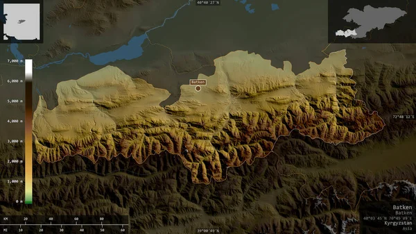 吉尔吉斯斯坦巴肯省 湖泊和河流的彩色阴影数据 以信息覆盖的形式呈现在其国家区域上 3D渲染 — 图库照片