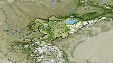 Uydu B haritasında Kırgızistan bölgesi stereografik projeksiyonda - koyu parlak dış hatlı raster tabakalarının ham bileşimi
