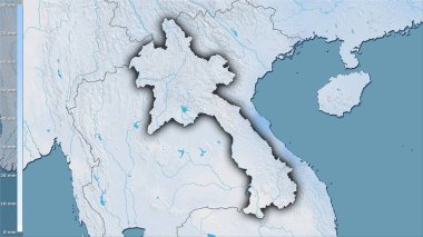 Laos bölgesindeki en kurak ayın efsanevi stereografik projeksiyonla yağışı - koyu parlak dış hatlı raster tabakalarının ham bileşimi
