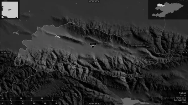 Talas Prowincja Kirgistan Mapa Szarości Jeziorami Rzekami Kształt Przedstawiony Swoim — Zdjęcie stockowe
