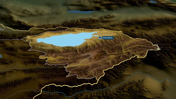 Ysyk Kol キルギスの州は 首都で拡大し 強調表示されました 主な物理的な風景機能 3Dレンダリング — ストック写真