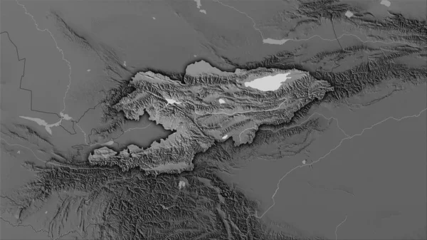地理的投影におけるグレースケール標高マップ上のキルギス地域 暗い輝く輪郭を持つラスター層の生の組成 — ストック写真