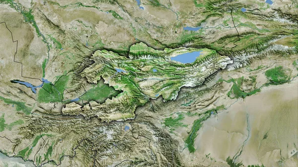 卫星D地图上吉尔吉斯斯坦地区的立体投影 具有暗发光轮廓的光栅层的原始组成 — 图库照片