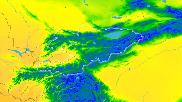 立体图投影中吉尔吉斯斯坦地区的年温度图 有发光轮廓的栅格层的原始成分 — 图库照片