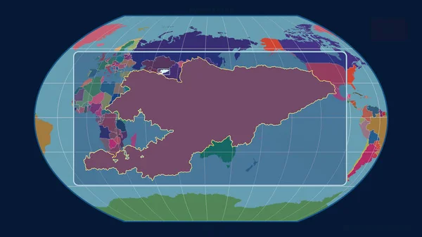 用透视线与Kavrayskiy投影中的全球地图对齐 放大吉尔吉斯斯坦的轮廓 形体中心 行政区划的彩色地图 — 图库照片
