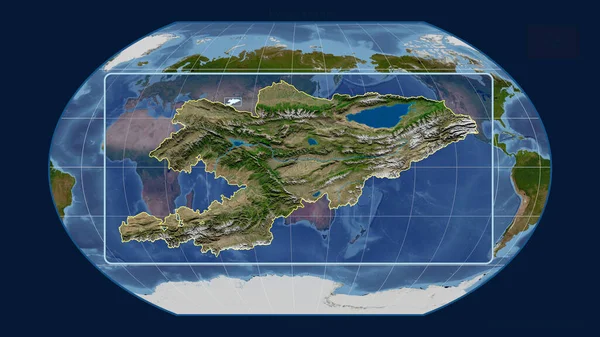 世界地図上の世界地図に対する視点線でキルギスタンのアウトラインを拡大表示 形を中心に 衛星画像 — ストック写真