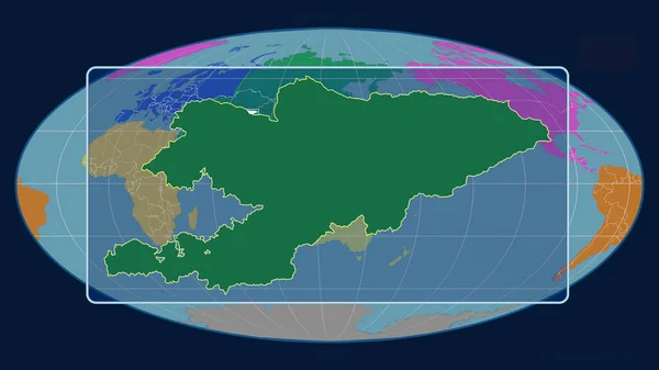 Kirgizisztánra Való Közelítés Perspektívavonallal Mollweide Projekció Globális Térképével Szemben Alakzat — Stock Fotó