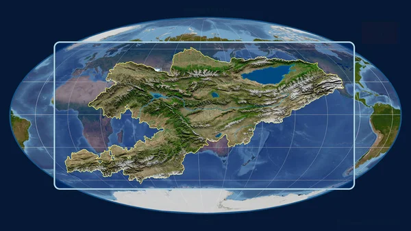 モルジブの投影における世界地図に対する視点線でキルギスタンのアウトラインを拡大表示しました 形を中心に 衛星画像 — ストック写真