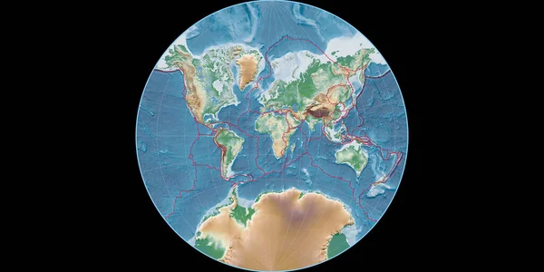 兰伯特 拉格朗日投影中的世界地图以东经11度为中心 彩色着色着色器 高程图 具有满意和构造板块边界的栅格组合物 3D插图 — 图库照片