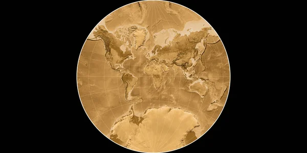 兰伯特 拉格朗日投影中的世界地图以东经11度为中心 塞皮亚着色的高程图 光栅与满意的原始复合材料 3D插图 — 图库照片