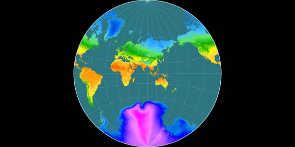 兰伯特 拉格朗日投影中的世界地图以东经90度为中心 平均年温度图 具有满意性能的栅格原料复合材料 3D插图 — 图库照片