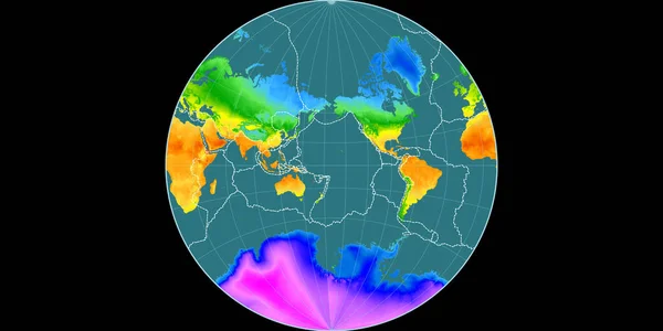 兰伯特 拉格朗日投影中的世界地图以西经170度为中心 年平均温度图 具有满意和构造板块边界的栅格组合 3D插图 — 图库照片