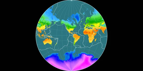 西経度90度を中心としたランベルト ラグランジュ予測の世界地図 平均年間温度マップ 粒状プレートと地殻プレートの境界とラスターの複合体 3Dイラスト — ストック写真