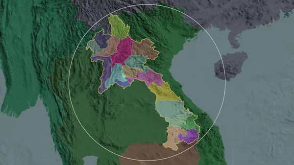 Laos zoomed and circled. Colored and bumped map of the administrative division. 3D rendering