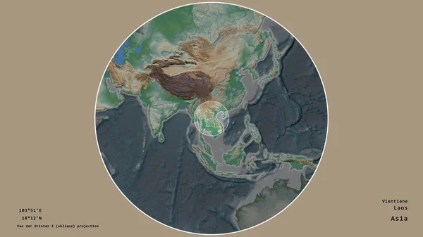 Oblast Laosu Označená Kruhem Rozsáhlé Mapě Kontinentu Izolované Odumřelém Pozadí — Stock fotografie