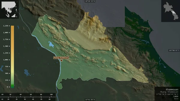 Khammouan Provincia Laos Datos Sombreado Colores Con Lagos Ríos Forma — Foto de Stock