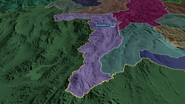 Xaignabouri Provincia Laos Ampliada Destacada Con Capital Mapa Coloreado Tocado — Foto de Stock