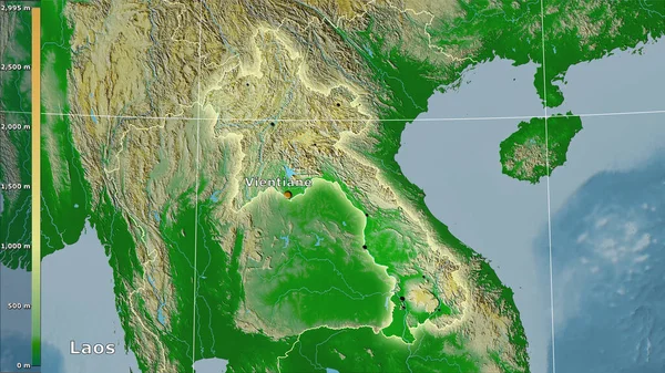 Fyzická Mapa Oblasti Laosu Stereografické Projekci Legendou Hlavní Skladba — Stock fotografie