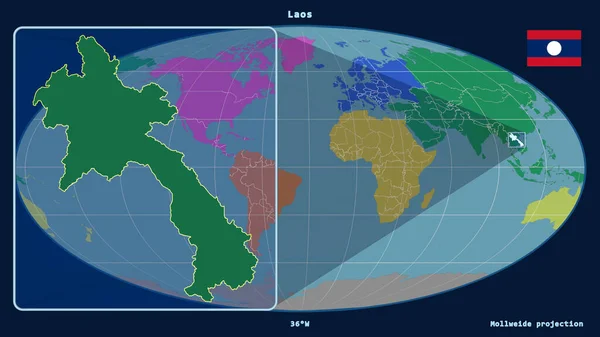 라오스의 전경은 Mollweide Projection 지도에 선으로 장식되어 왼쪽에 형상이 있습니다 — 스톡 사진