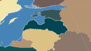 Letonya ve mahallesi. Uzak eğimli perspektif - şekil çizilmiş. idari bölümlerin renk haritası