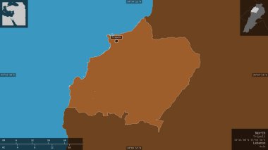 Kuzeye, Lübnan valiliğine. Gölleri ve nehirleri olan katı yapılar. Ülke alanına karşı bilgilendirici örtülerle sunulan şekil. 3B görüntüleme