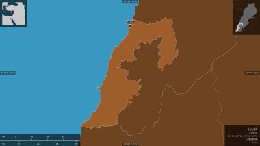 Güney, Lübnan Valiliği. Gölleri ve nehirleri olan katı yapılar. Ülke alanına karşı bilgilendirici örtülerle sunulan şekil. 3B görüntüleme