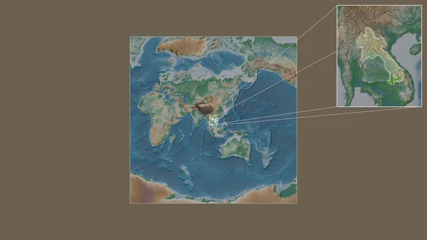 从世界大比例尺地图中提取出的扩大和扩大的老挝地区 其主要线连接了框架的各个角落 彩色物理图 — 图库照片