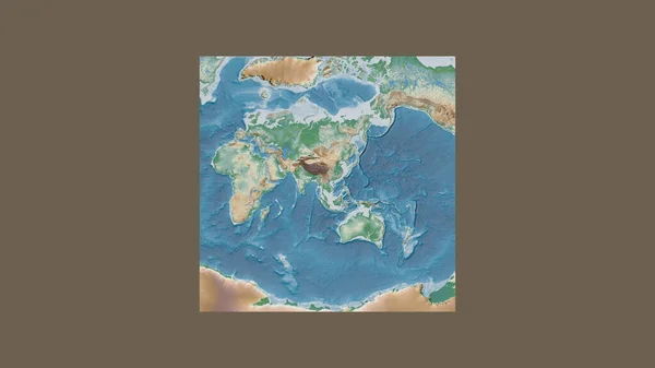 世界大比例尺地图的正方形框架 呈倾斜的范德格林登投影 以老挝领土为中心 彩色物理图 — 图库照片