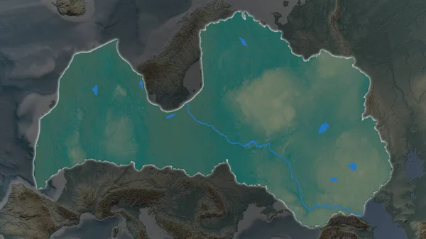 ラトビア地域はその周囲の暗い背景で拡大し 成長した 救援地図 — ストック写真